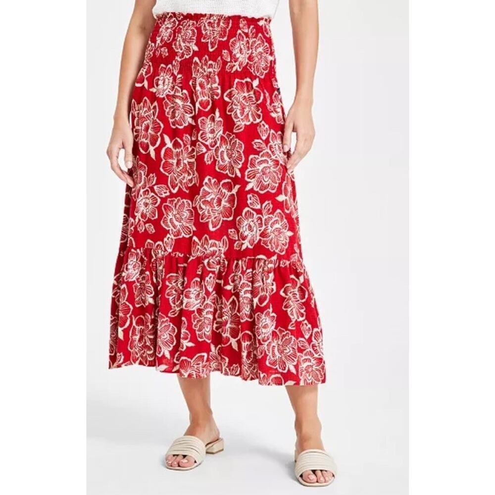 Nautica Jeans Womens Floral Smocked Waist Red Multi Boho XL $99